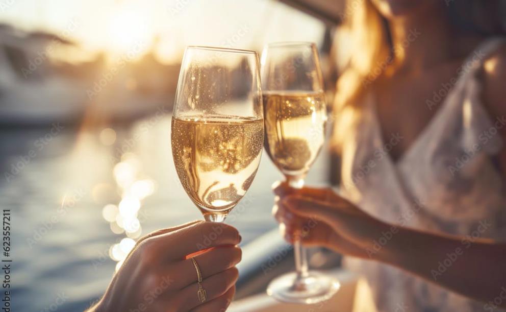 A couple enjoying a glass of champagne on a sunset cruise