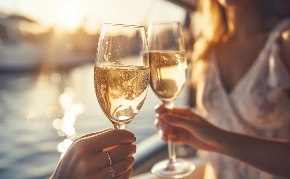 A couple enjoying a glass of champagne on a sunset cruise