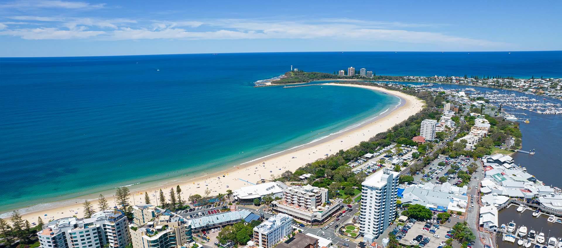 Drone footage of beautiful Mooloolaba beach